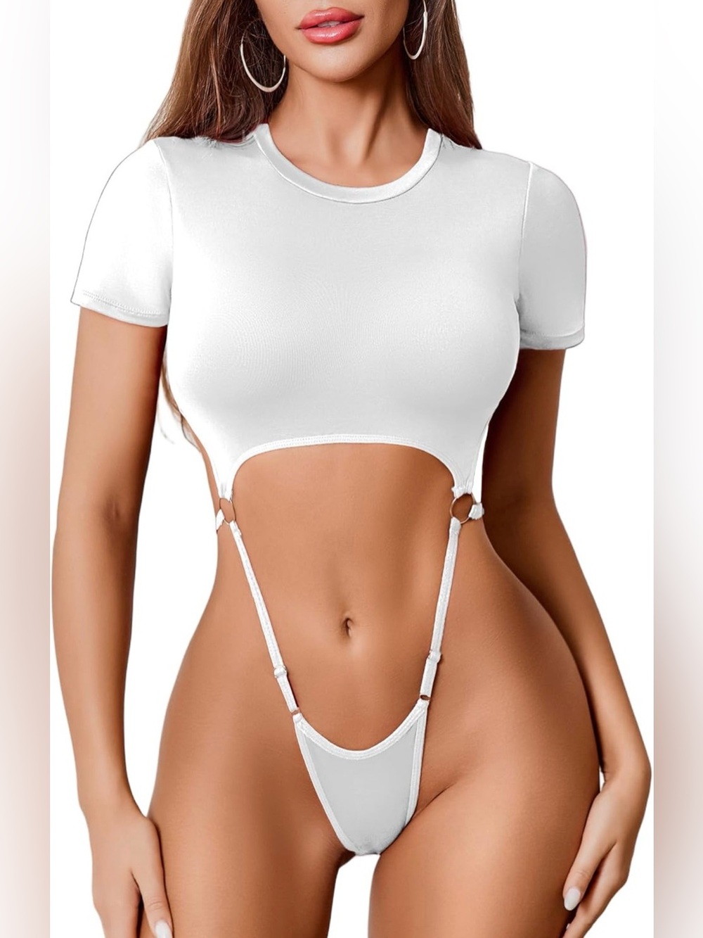 NWT Avidlove Women Cut Out Bodysuit Short Sleeve Crop Top White Medium - Picture 3 of 8